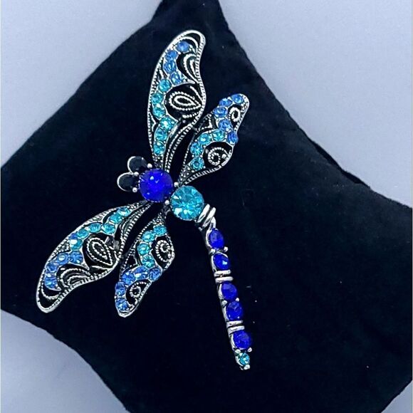 Blue Dragonfly Rhinestone Brooch Large Sparkly Silver Lapel Pin Backpack Fairy - Picture 5 of 7